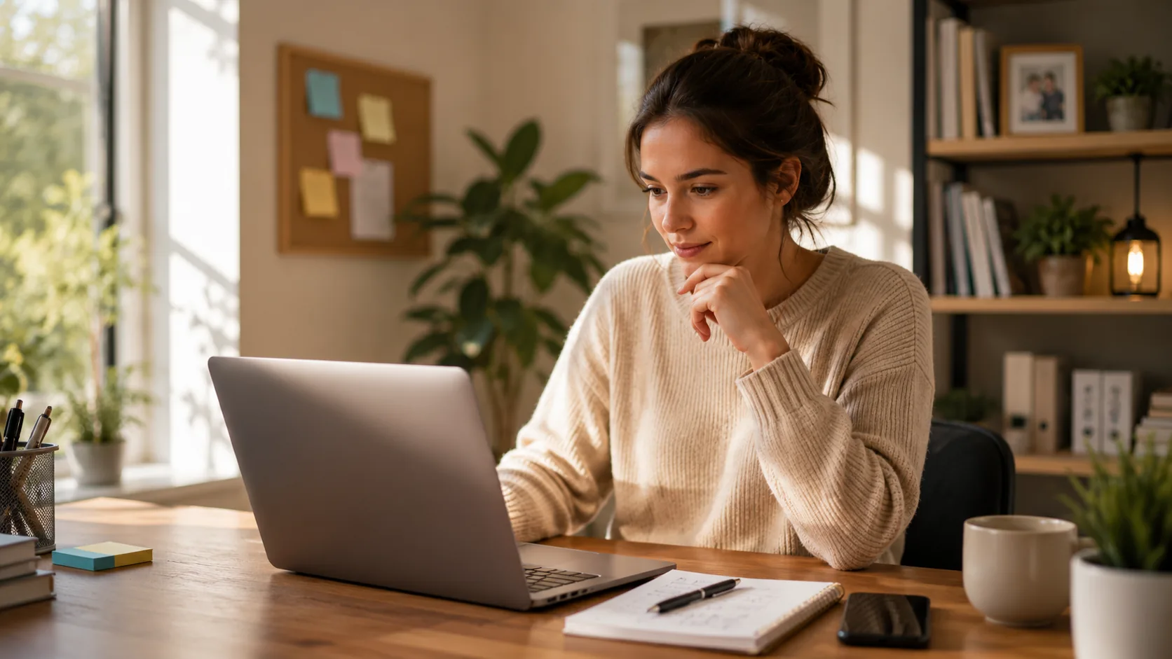 Person reviewing next steps on a laptop at home