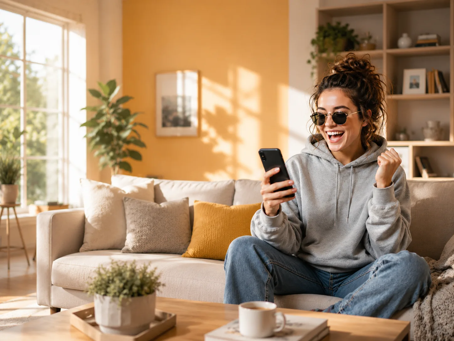 Happy person celebrating an approval on their phone at home