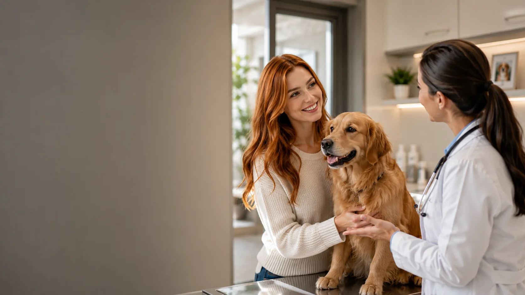 Pet owner at the vet clinic arranging to pay for treatment over time with Sunbit